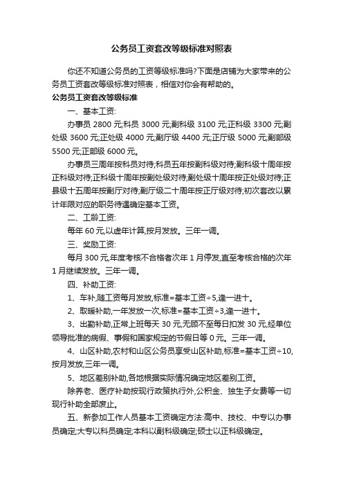 公务员工资套改等级标准对照表