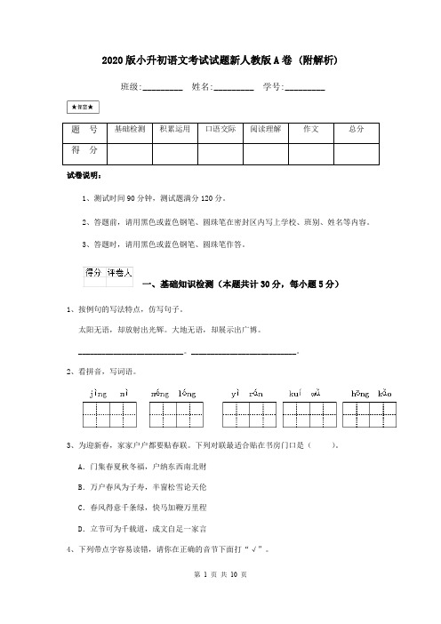 2020版小升初语文考试试题新人教版A卷 (附解析)