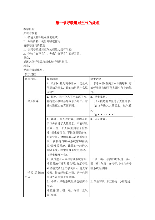 七年级生物下册第四单元第三章第一节呼吸道对空气的处理教案3新版新人教版