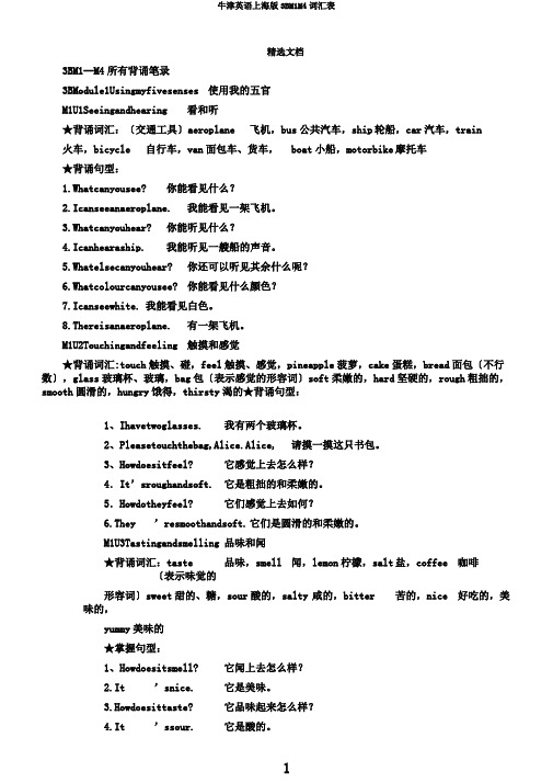 牛津英语上海版3BM1M4词汇表