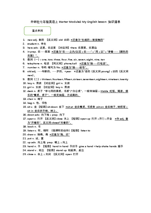 Starter+Module2+My+English+lesson+知识清单 外研版英语七年级上册