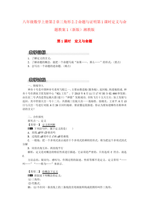 八年级数学上册第2章三角形2.2命题与证明第1课时定义与命题教案1(新版)湘教版