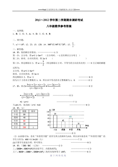 2011～2012学年第二学期期末调研考试-八年级数学参考答案