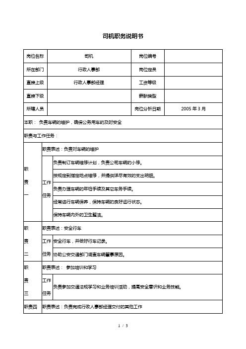 医药企业司机职务说明书