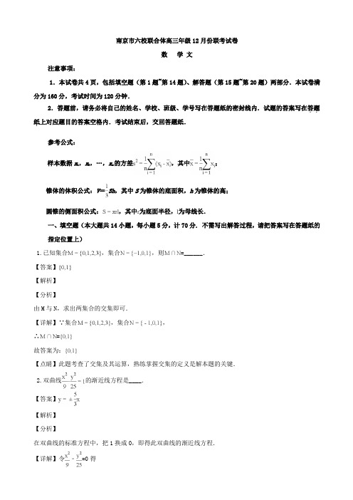 2019届江苏省南京市六校联合体高三上学期12月联考数学(文)试题Word版含解析