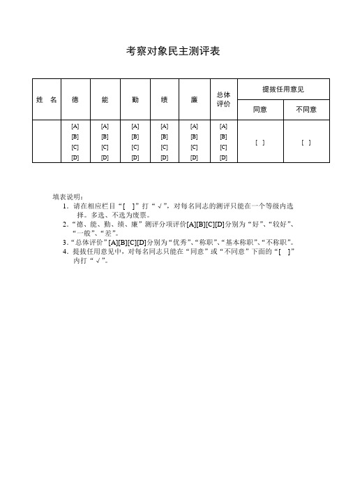 民主测评表(样张)