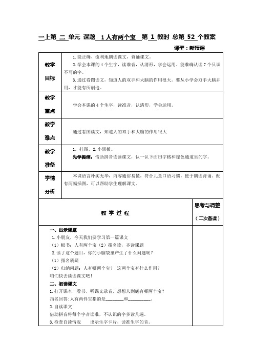 苏教版小学一年级语文《人有两个宝》教案