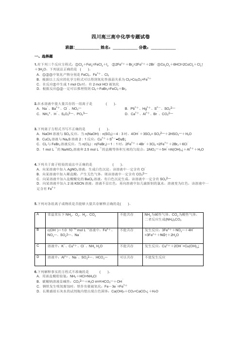 四川高三高中化学专题试卷带答案解析
