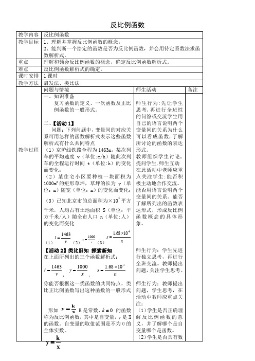 初中九年级数学教案-  反比例函数-“十校联赛”一等奖