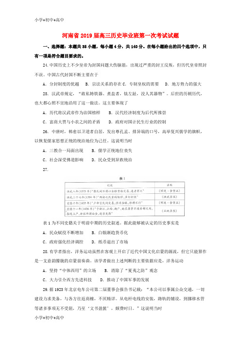 教育最新K12河南省2019届高三历史毕业班第一次考试试题