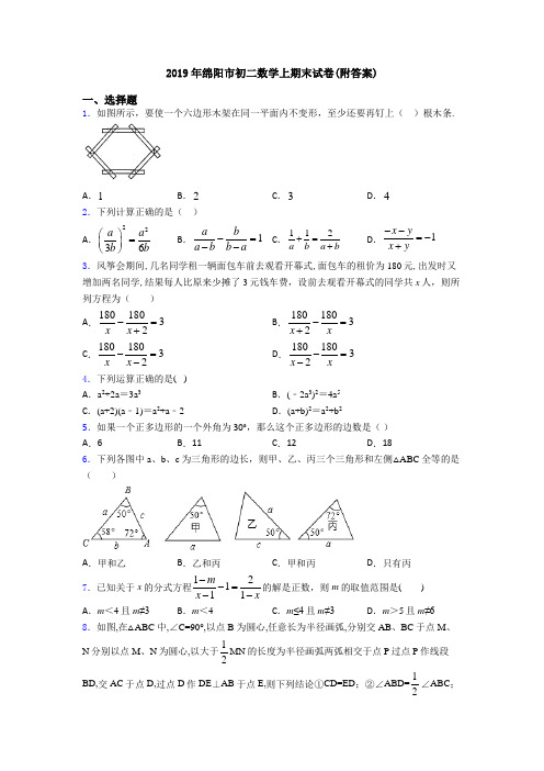 2019年绵阳市初二数学上期末试卷(附答案)