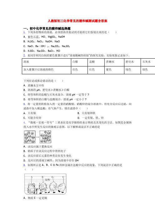 人教版初三化学常见的酸和碱测试题含答案