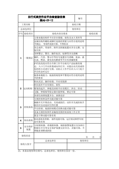 自行式高空作业平台检查验收表