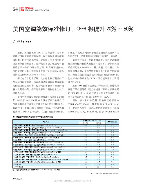 美国空调能效标准修订，CEER将提升20%