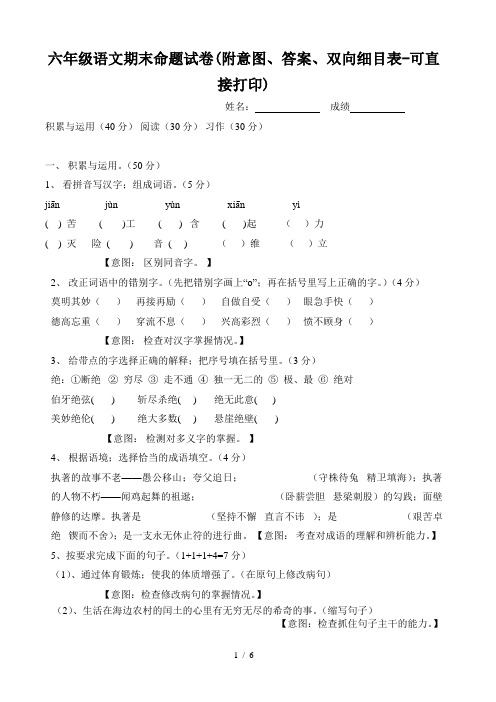 六年级语文期末命题试卷(附意图、答案、双向细目表-可直接打印)