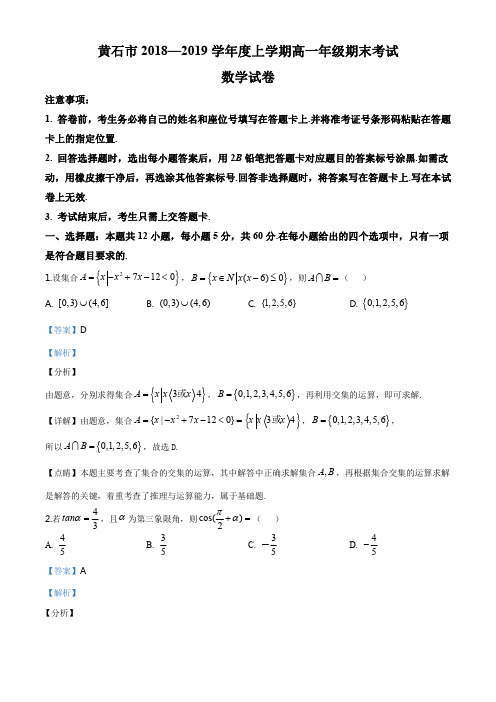 湖北省黄石市2018-2019学年高一上学期期末数学试题(解析版)