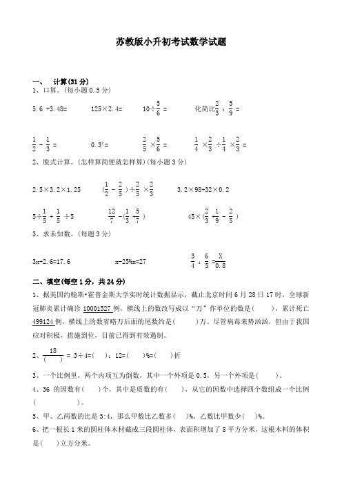 苏教版六年级下学期小升初数学检测题含答案解析