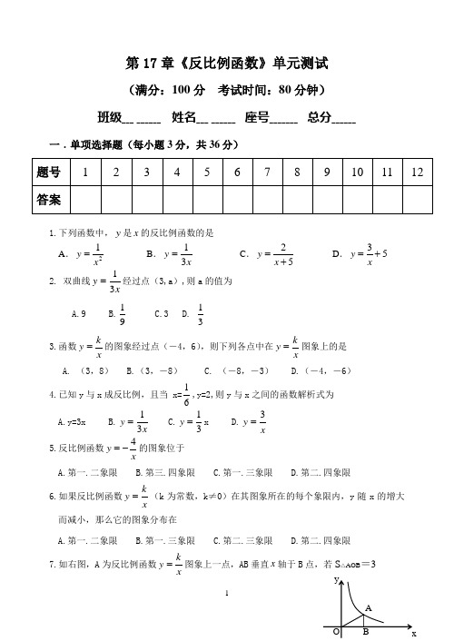 第17章《反比例函数》单元测试题