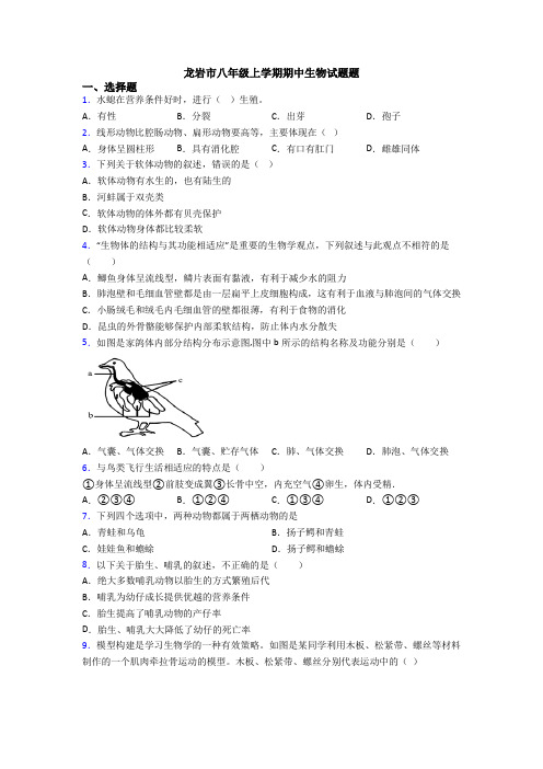 龙岩市八年级上学期期中生物试题题