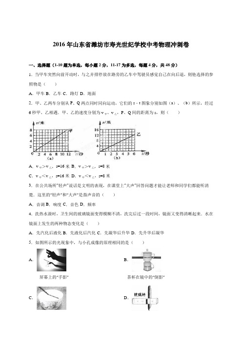 山东省潍坊市寿光世纪学校2016届中考物理冲刺卷(解析版)