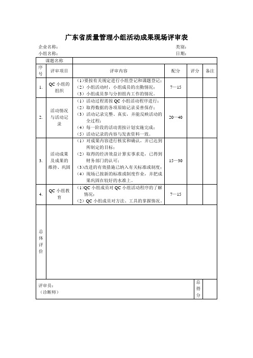 广东省质量管理小组活动成果现场评审表