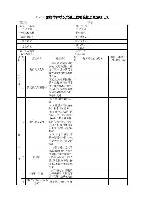 5.12.2 预制构件模板安装工程检验批质量验收记录