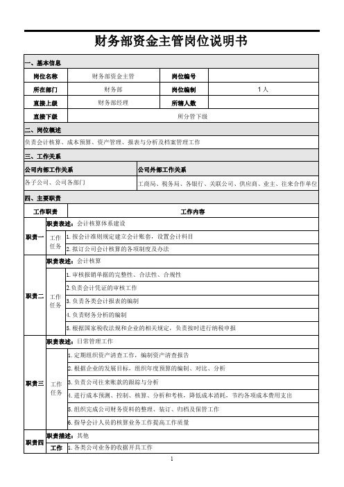 财务部资金主管岗位说明书