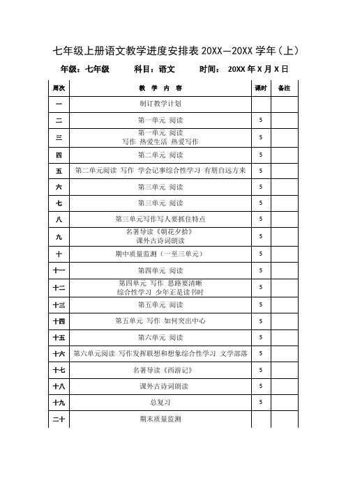初一七年级上册语文教学进度安排表[最新]