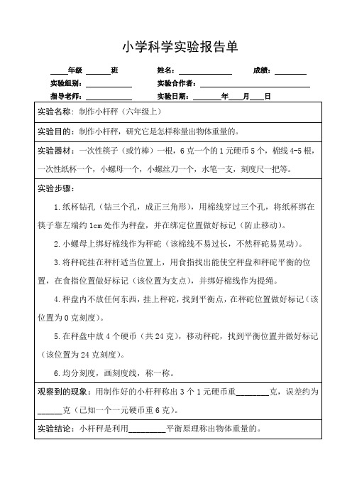 六上科学制作小杆秤小学科学实验报告单