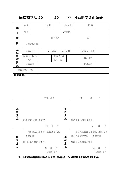 福建商学院20—20学年国家助学金申请表