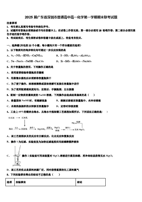 2025届广东省深圳市普通高中高一化学第一学期期末联考试题含解析