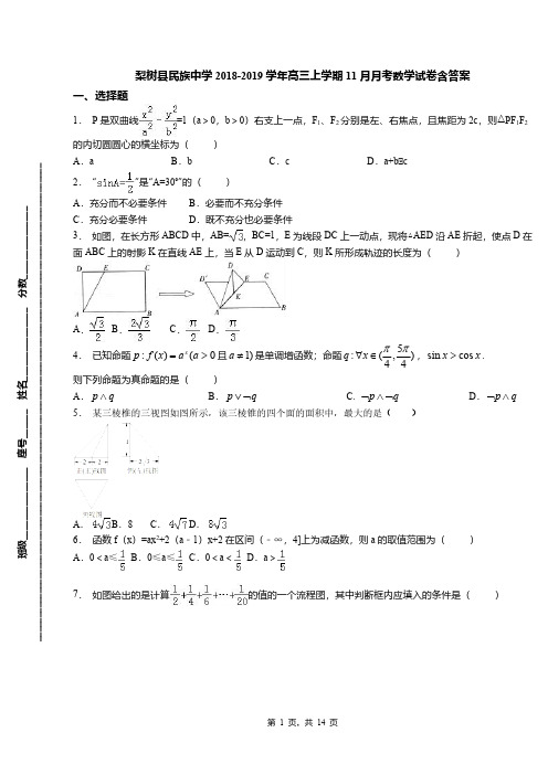 梨树县民族中学2018-2019学年高三上学期11月月考数学试卷含答案