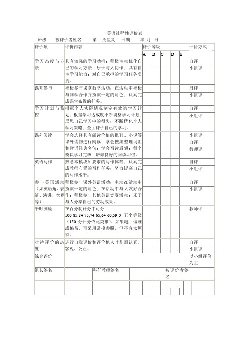 英语过程性评价表