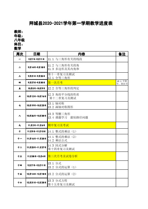 2020-2021学年第一学期八年级数学(上)教学计划进度表(定)