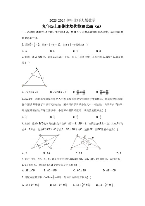 北师大版2023-2024学年数学九年级上册期末培优检测试题A卷(含答案)