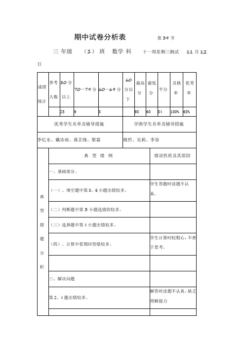 期中试卷分析表 