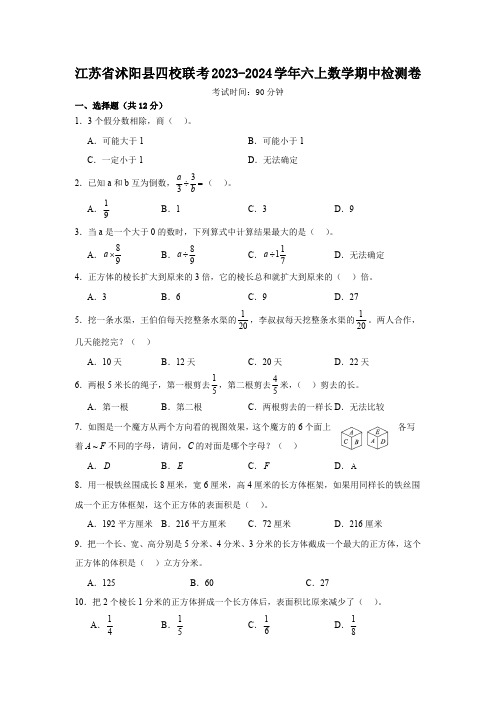 江苏省宿迁市沭阳县四校联考2023-2024学年六年级上学期期中检测卷数学试题(带答案)