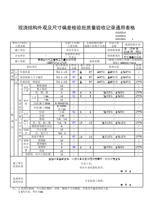 现浇结构外观及尺寸偏差检验批质量验收记录通用表格