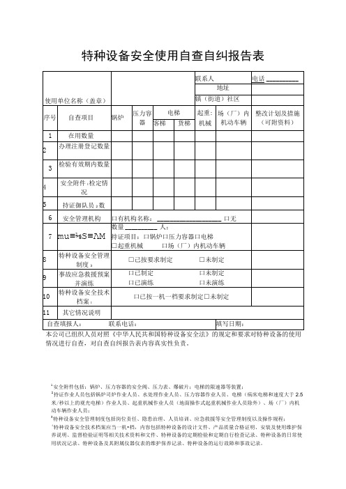 特种设备安全使用自查自纠报告表