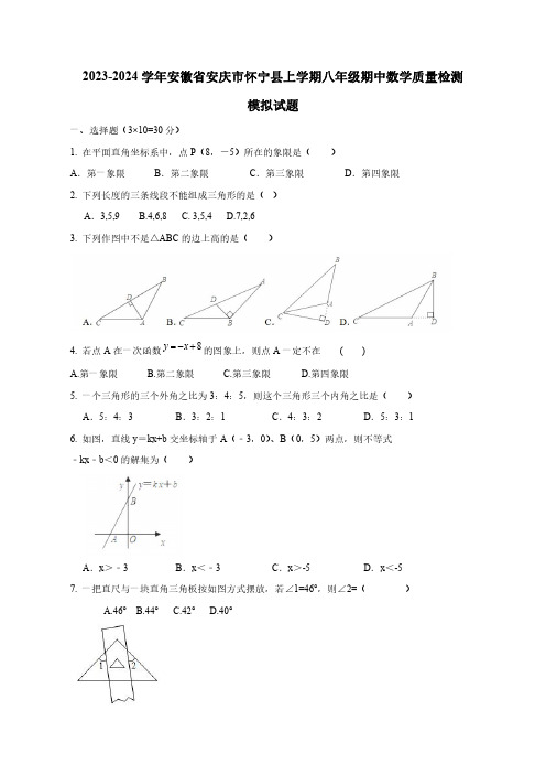 2023-2024学年安徽省安庆市怀宁县上册八年级期中数学学情检测模拟试题(含答案)