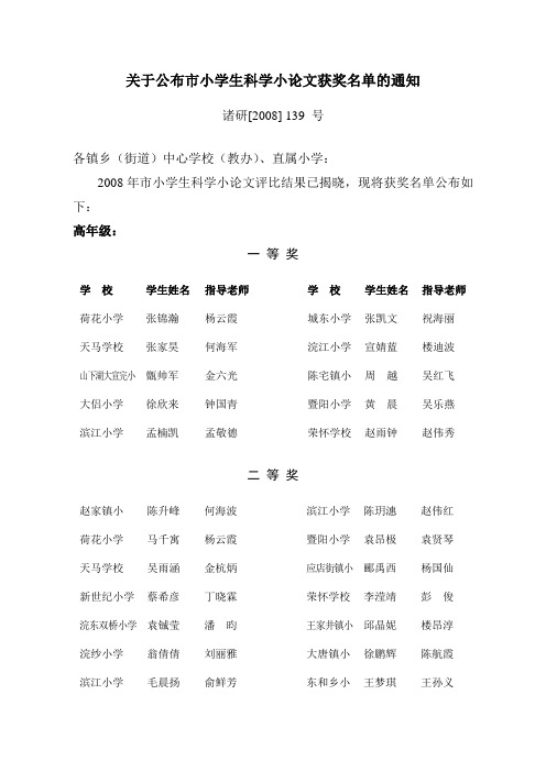 关于公布市小学生科学小论文获奖名单的通知