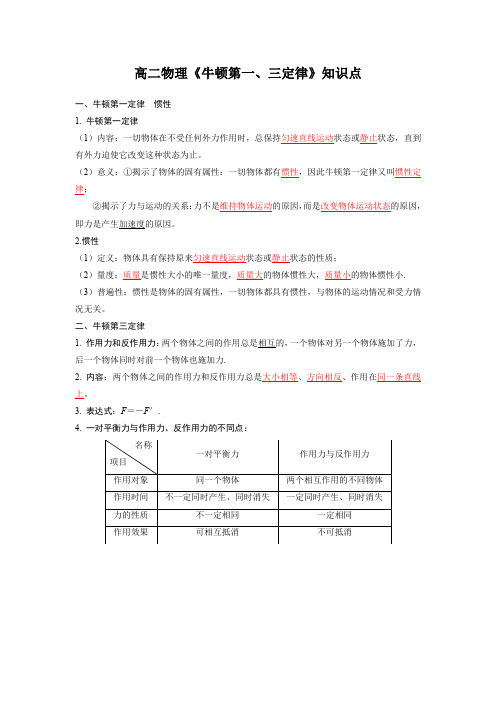 高二物理《牛顿第一、三定律》知识点