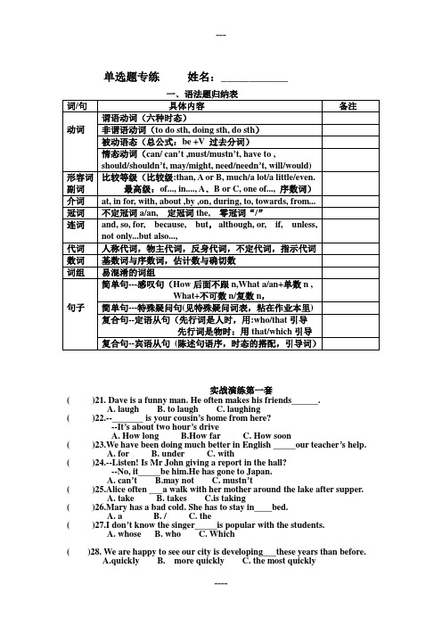 英语语法 单项选择题(5套中考真题)