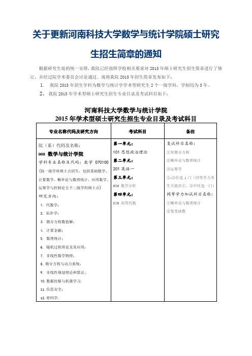 关于更新河南科技大学数学与统计学院硕士研究生招生简章的