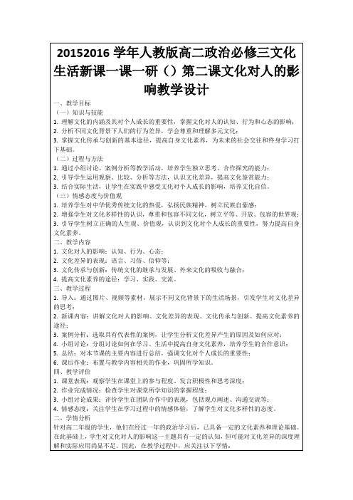 20152016学年人教版高二政治必修三文化生活新课一课一研()第二课文化对人的影响教学设计