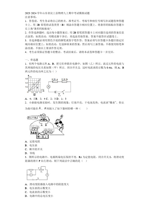 2023-2024学年山东省汶上县物理九上期中考试模拟试题含解析