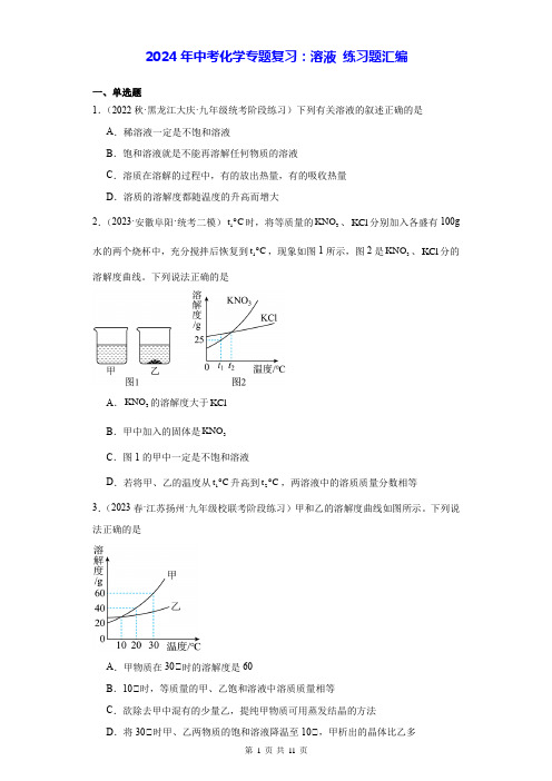 2024年中考化学专题复习：溶液 练习题汇编(Word版,含答案)