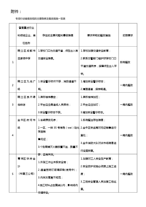 专项行动督查发现的主要隐患及整改措施一览表