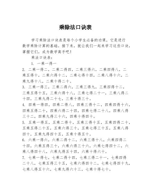 乘除法口诀表