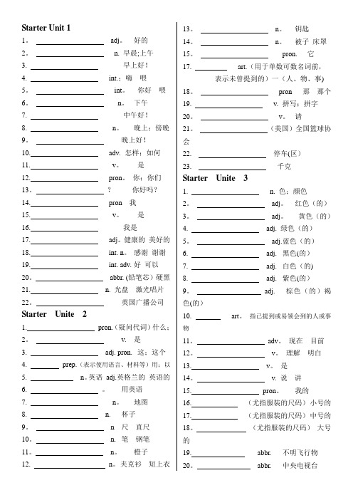 2018新版人教版七年级上英语单词-中文